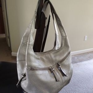 Tignanella Pebble leather hobo bag, Wallet, key fob /Clown bag! Silver metallic